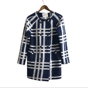 Clements Ribeiro Wool Striped Long Knit Button Down Winter Pea Coat Jacket Blue